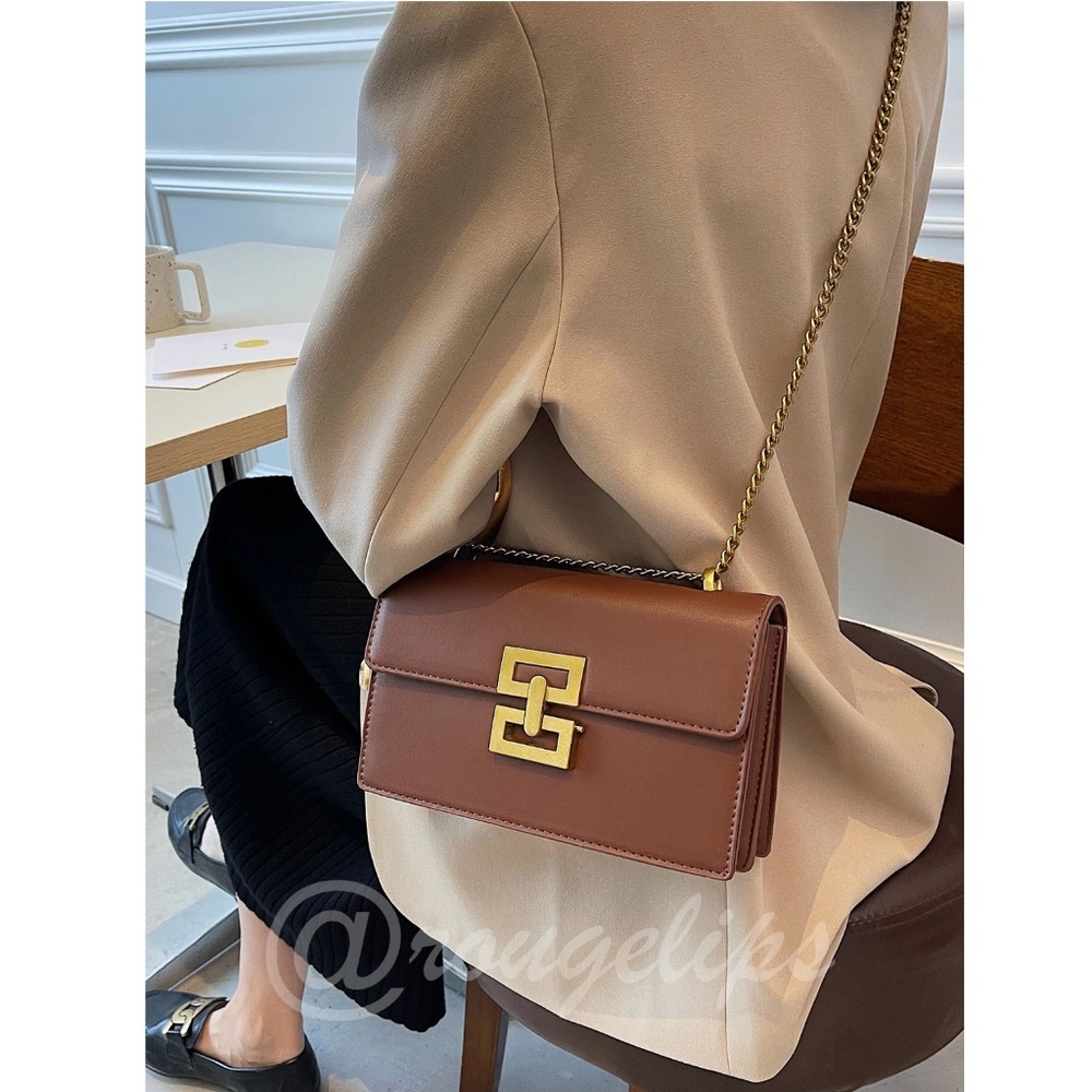 Brown PU Faux Leather Shoulder Bag Yellow Gold Tone Buckle Flap Chain Strap - Picture 6 of 11